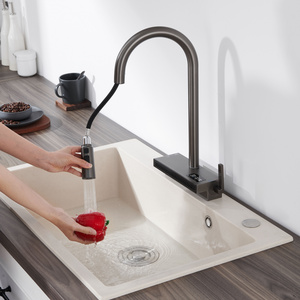 Three ways Pull Out Kitchen Tap with Water Fall Mode Gun Metal Stainless Steel 304 Kitchen Mixer Taps with Temperature Monitor