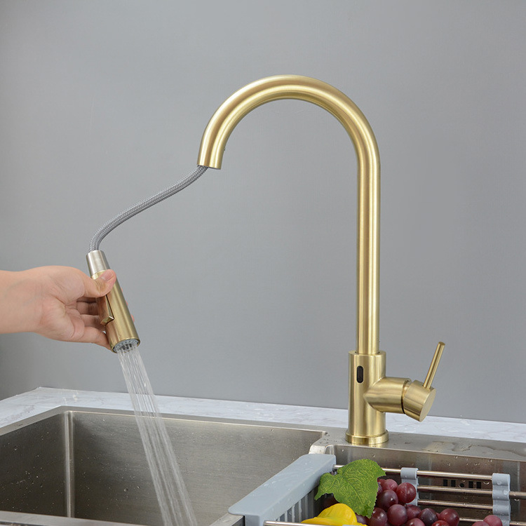 Modern Contemporary Stainless Steel Pull Out Kitchen Tap Sensor Mixer Sensory Touch Free Automatic Kitchen Faucet