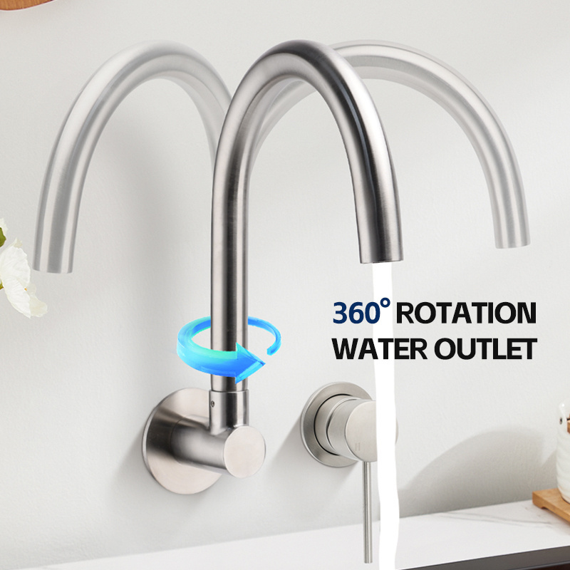 Factory Direct Sale Stainless Steel Kitchen Faucet Bathtub Gooseneck Wall-Mounted Swivel Spout Bathroom Basin Tap