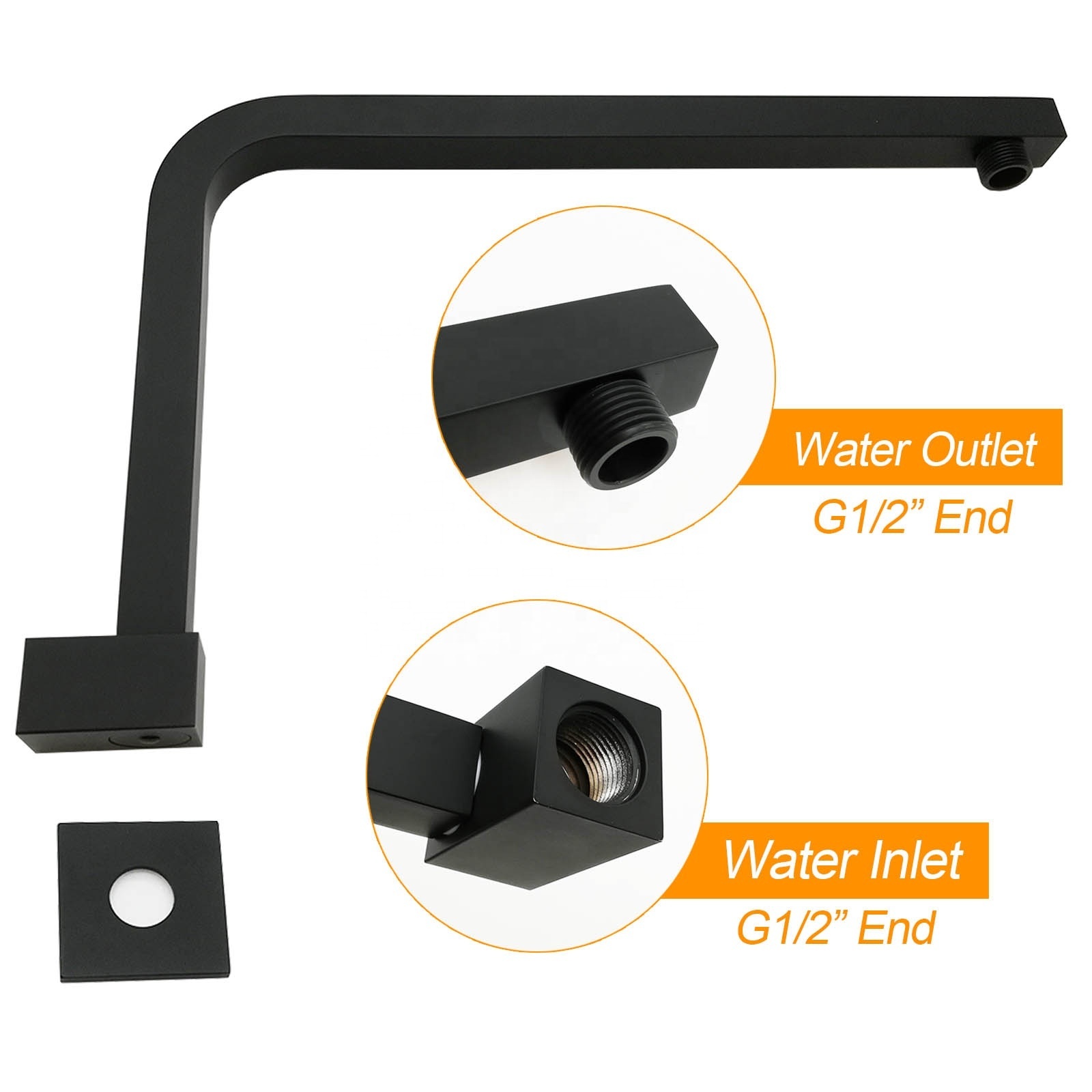 Black brass shower arm wall mounted gooseneck high rise swivel bath shower component for waterfall rain head square shower arm