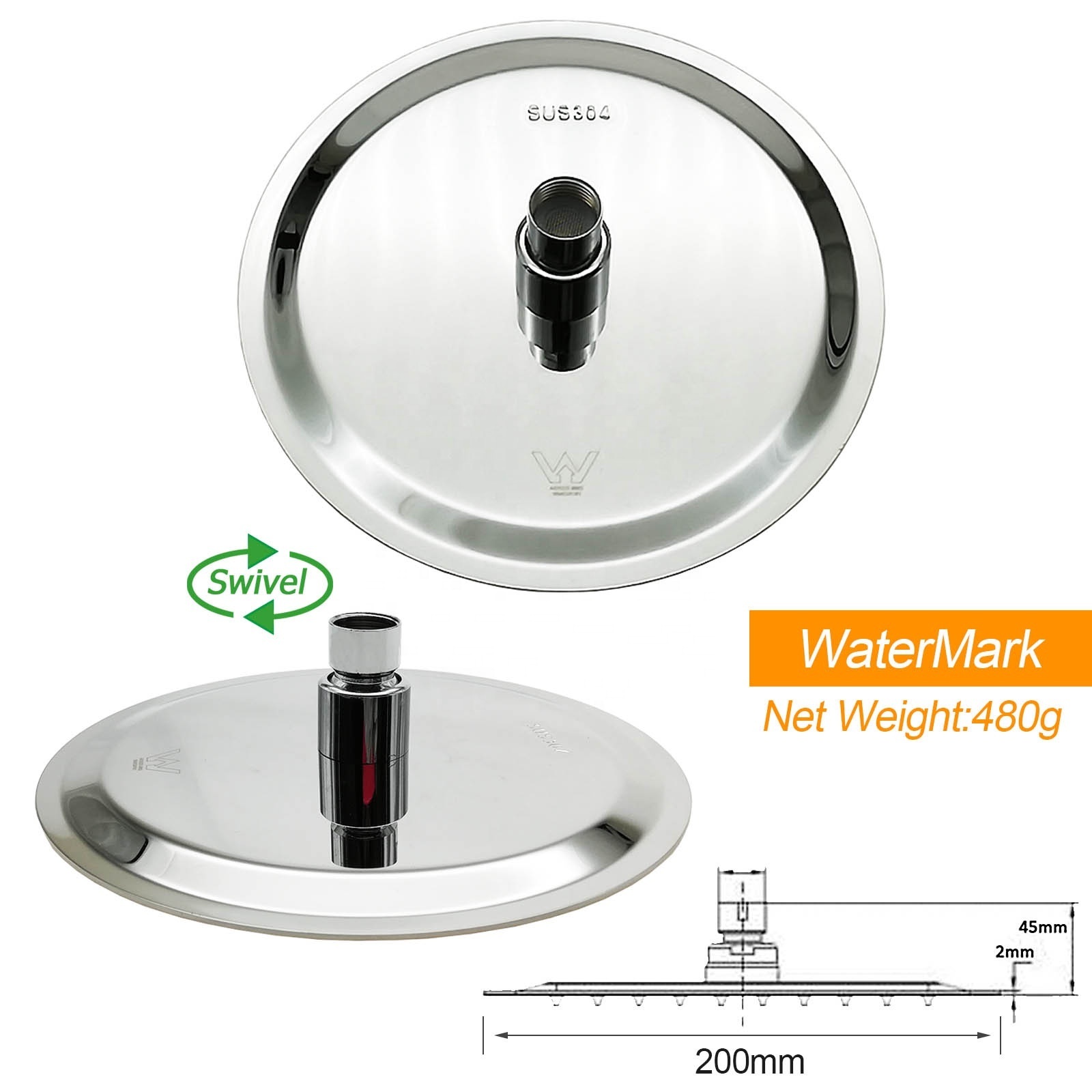 Watermark Shower Set 2 in 1 combo large thin rainfall shower head brass sliding rail round 3 functions shower bath set