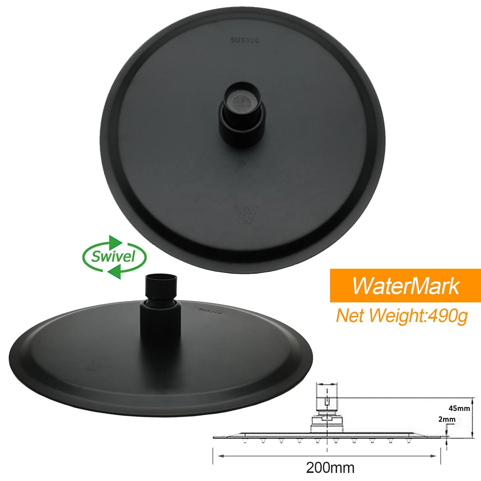 Watermark Black Round Shower Head Gooseneck Shower Arm Kit Bathroom Water Saving Rainfall Shower Head Set