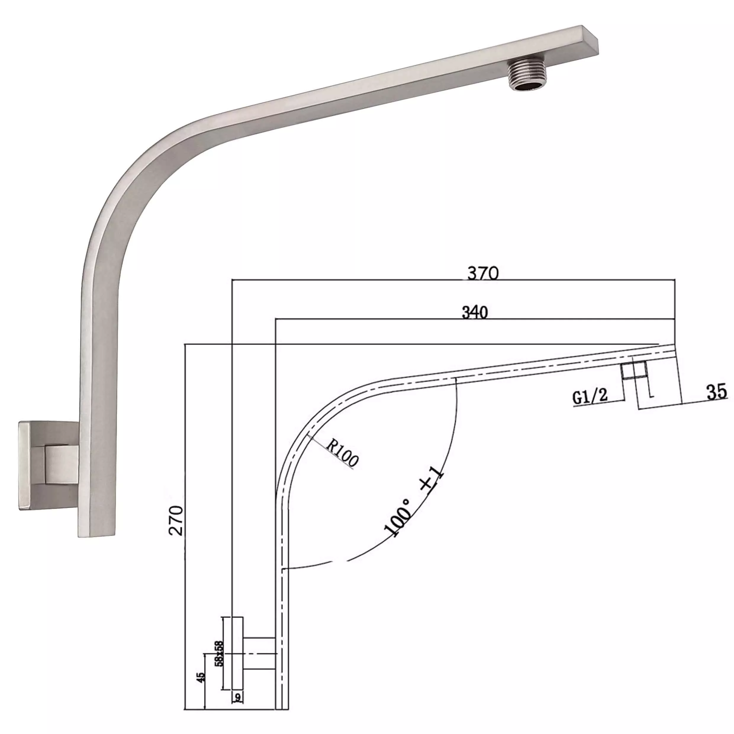 Brushed Nickel Brass Wall Mounted Gooseneck Shower Arm