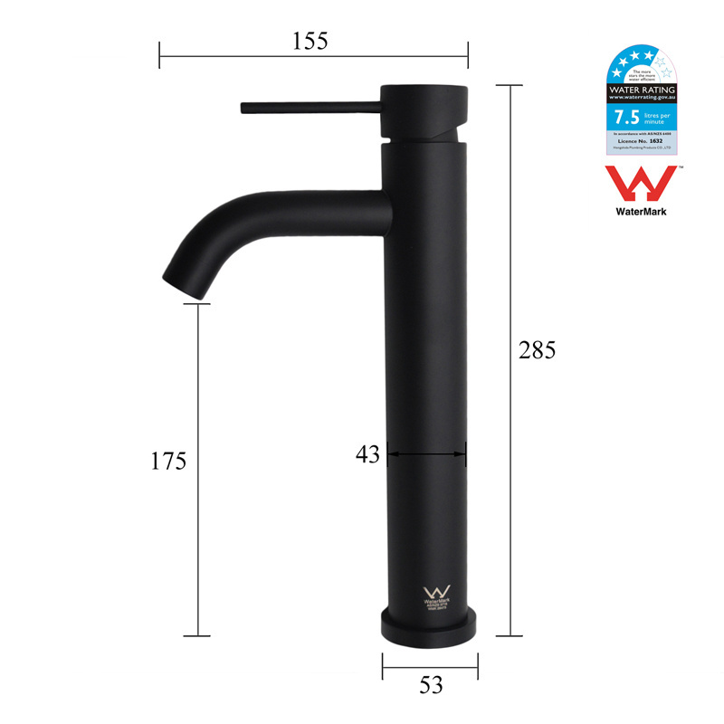 WaterMark WELS Matt Black Round Tall Basin Mixer Tap Vanity Vessel Sink Faucet For Bathroom Australia