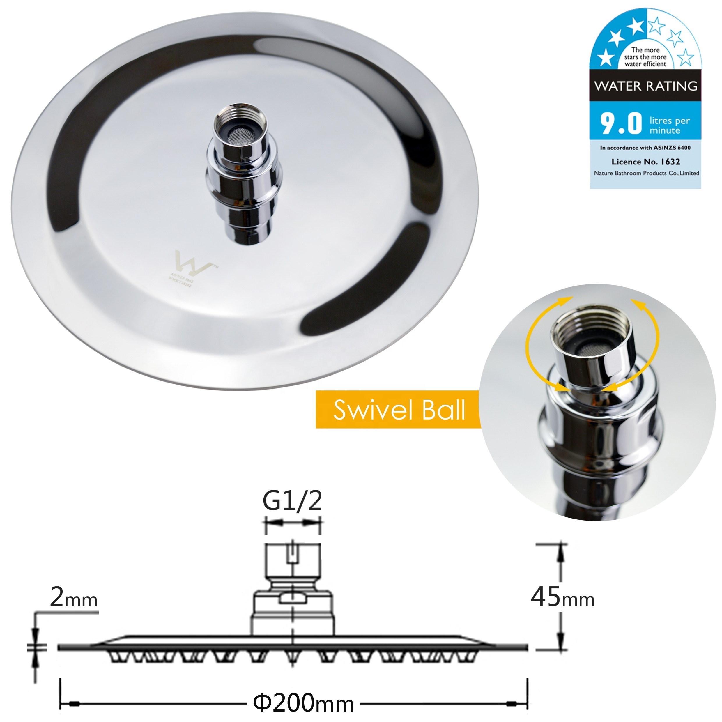 8 inch 200mm Diameter Chrome Stainless Steel 304 Shower Rose Swivel Ball Round Bathroom Rainfall Shower head