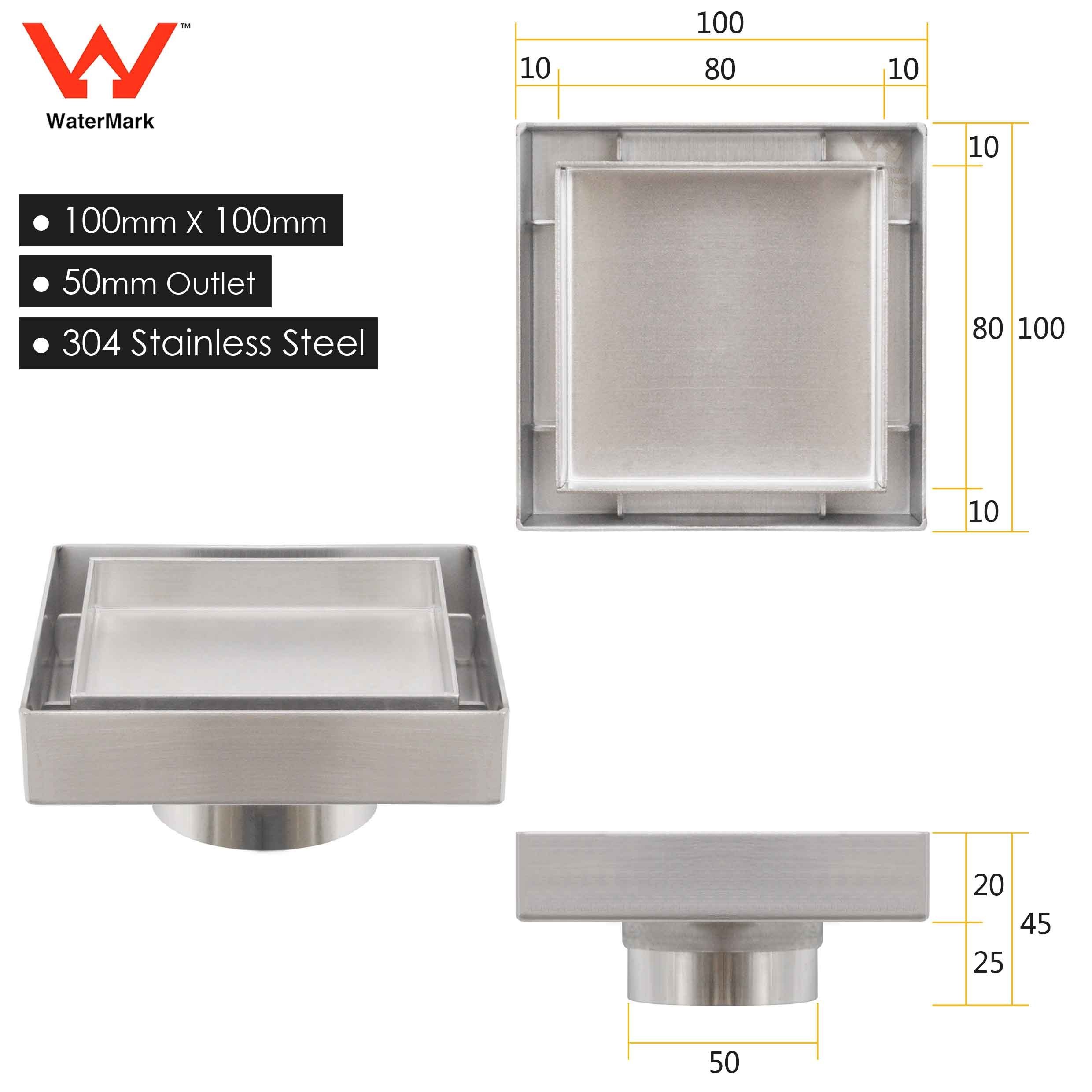 Watermark 100mm Square 304 Stainless Steel shower grate 50mm Outlet Waste Tile Insert Floor Drain