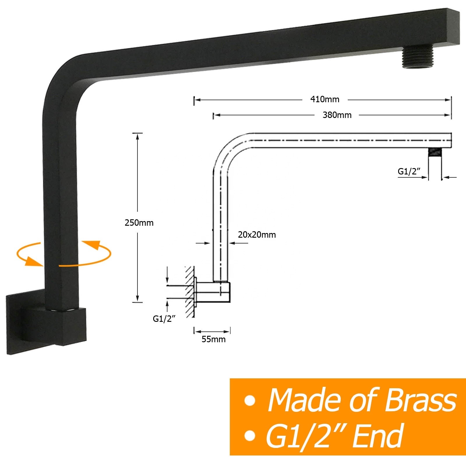 Black brass shower arm wall mounted gooseneck high rise swivel bath shower component for waterfall rain head square shower arm