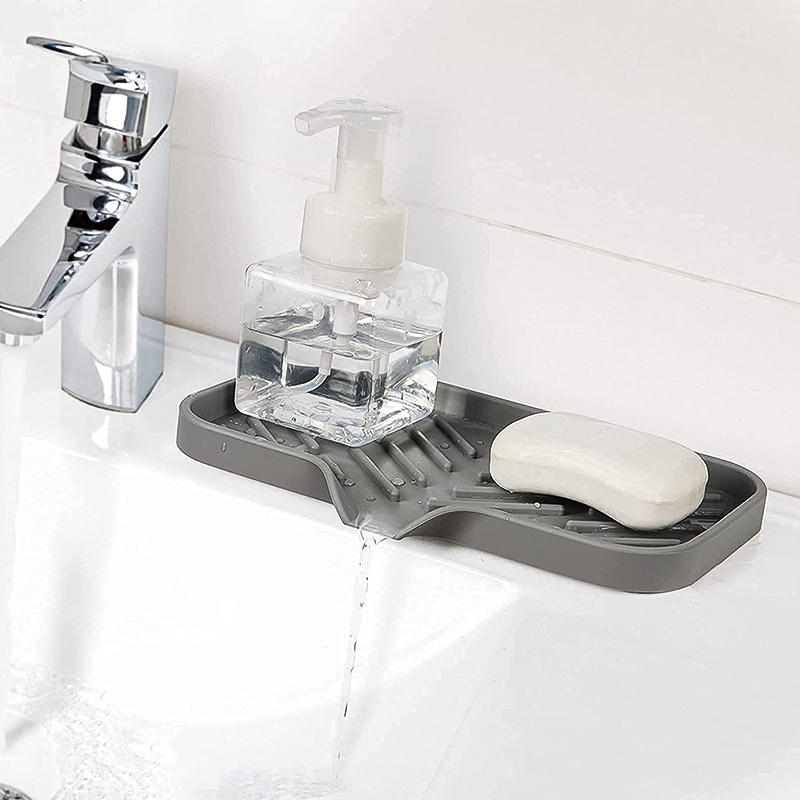 Silicone Kitchen Soap Tray, Sink Tray for Kitchen Counter/Soap Bottles, Sponge Holder and Organizer with Drain spout