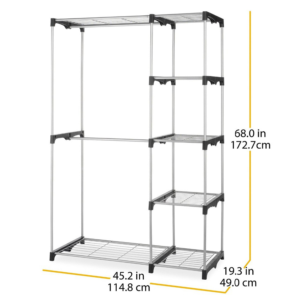 Steel Resin Frame Double Rod Home Furniture Foldable Freestanding Closet 68-inch Silver Bedroom Furniture Wardrobe Simple Modern