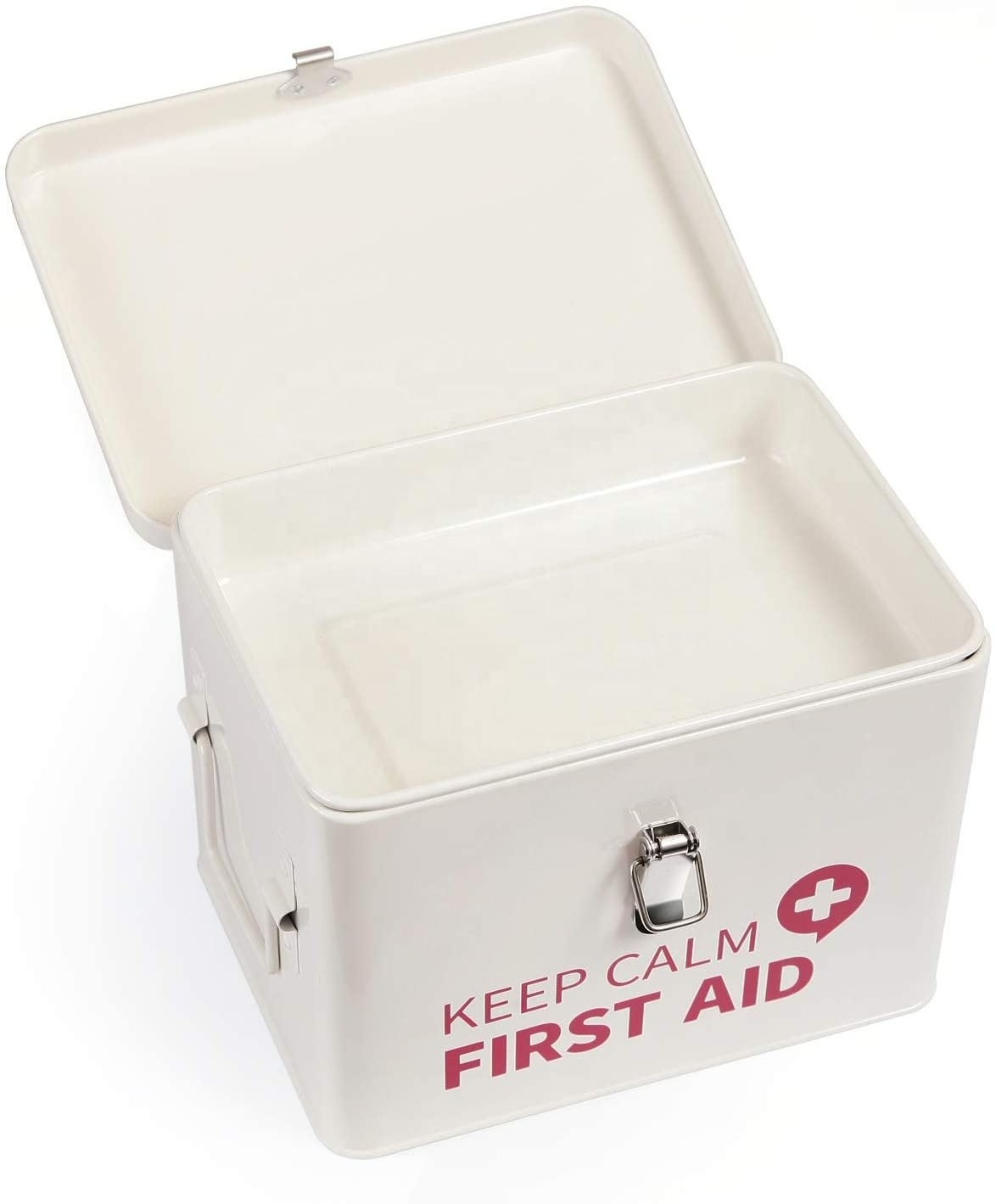 First Aid Medicine Organizer Storage Metal Box with Lid, Latch Closure, Removable Tray and Side Handles