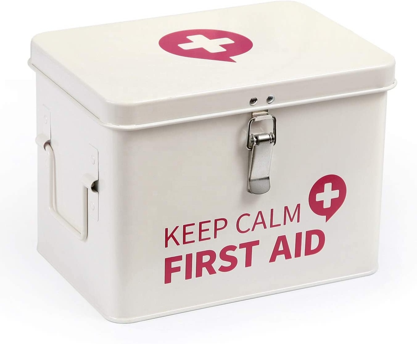 First Aid Medicine Organizer Storage Metal Box with Lid, Latch Closure, Removable Tray and Side Handles