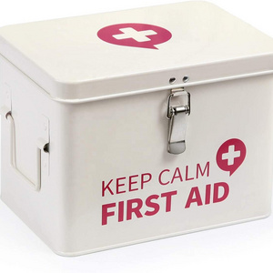 First Aid Medicine Organizer Storage Metal Box with Lid, Latch Closure, Removable Tray and Side Handles