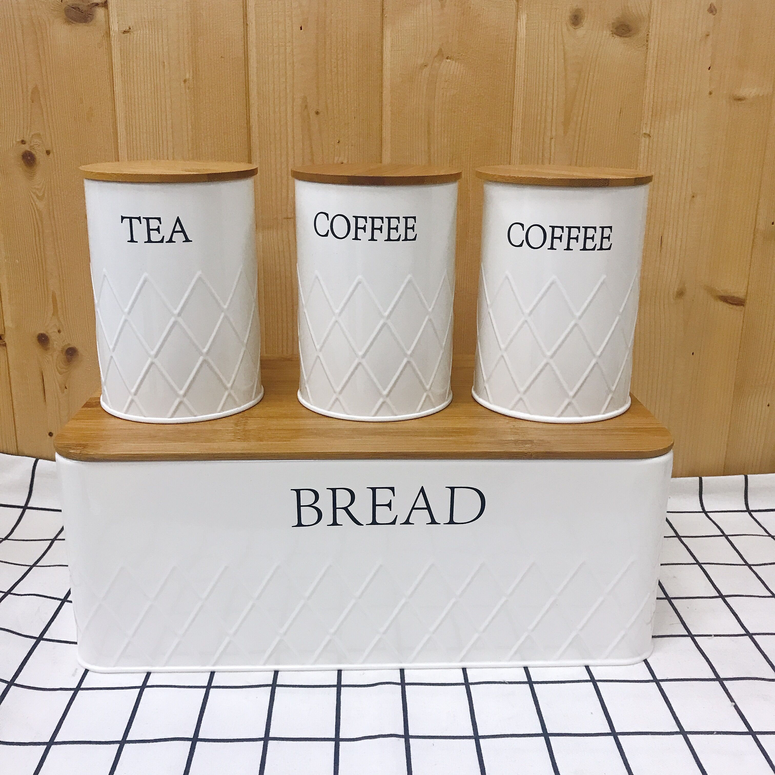 wholesale 5pc Kitchen Storage Set with Airtight Bamboo Lids Includes Tea Coffee Sugar with Matching Biscuit Barrel Canister Jar