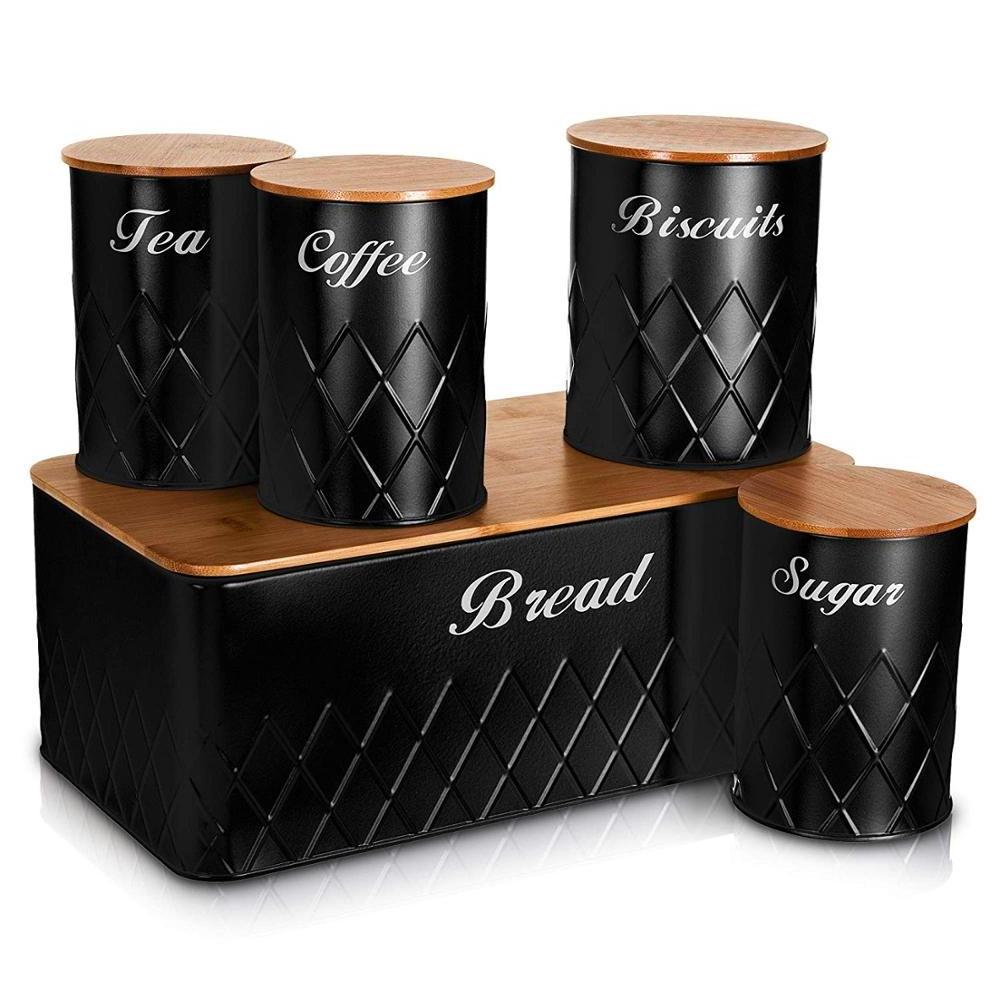 wholesale 5pc Kitchen Storage Set with Airtight Bamboo Lids Includes Tea Coffee Sugar with Matching Biscuit Barrel Canister Jar