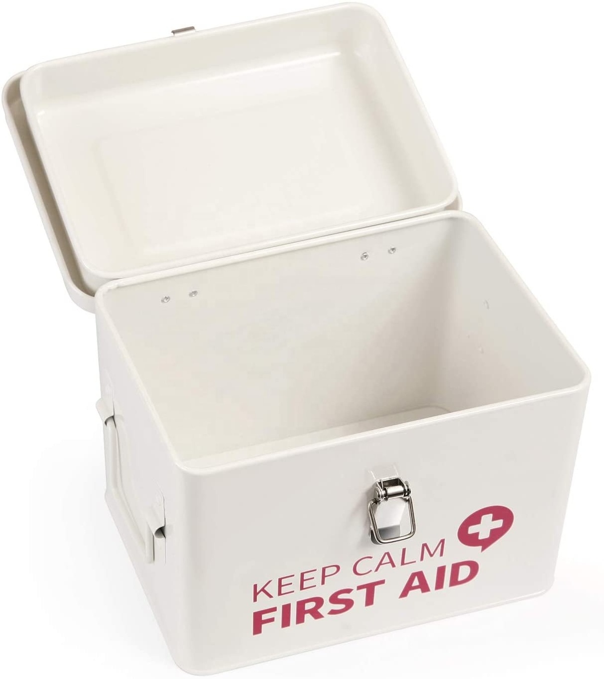 First Aid Medicine Organizer Storage Metal Box with Lid, Latch Closure, Removable Tray and Side Handles