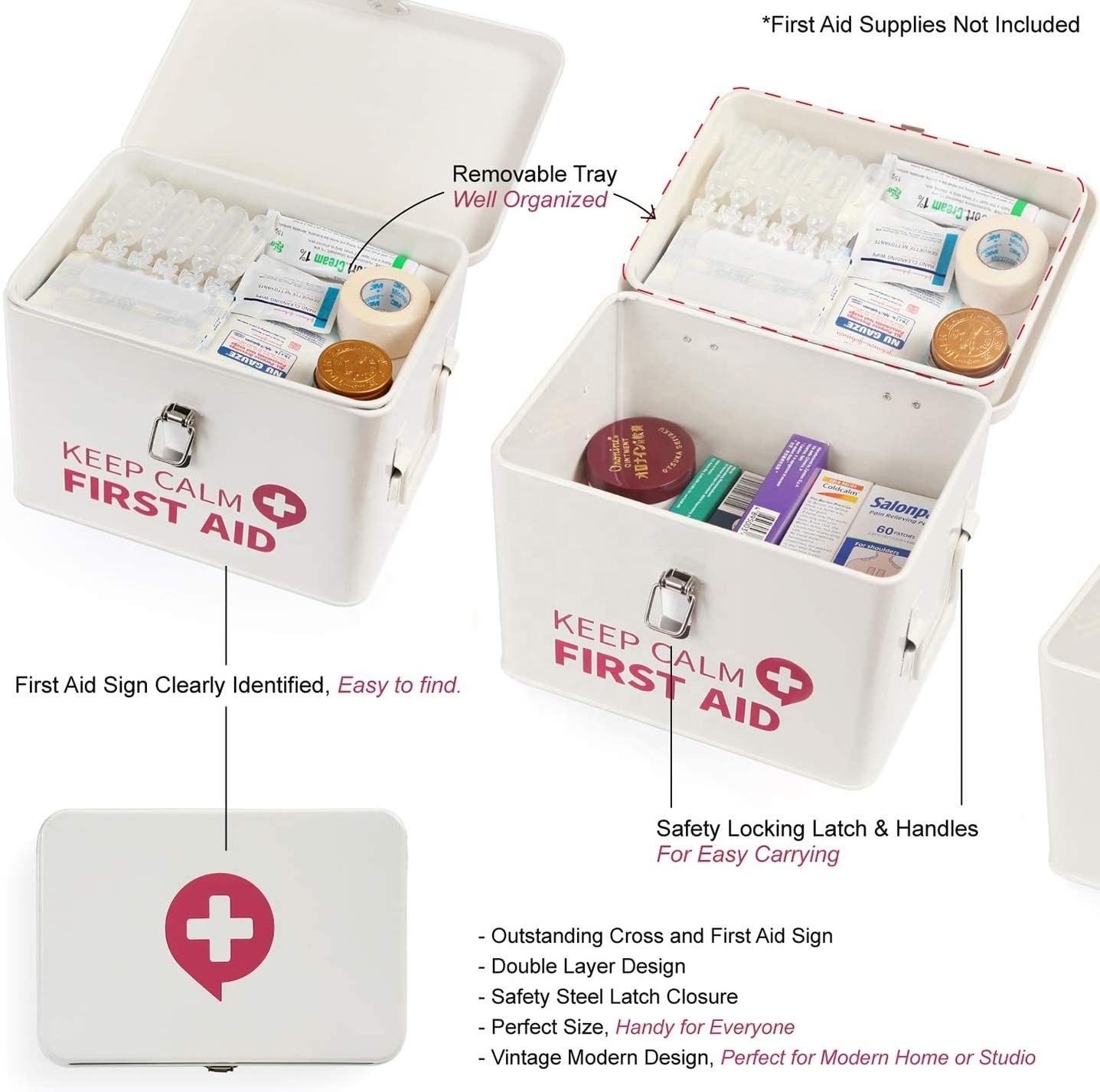 First Aid Medicine Organizer Storage Metal Box with Lid, Latch Closure, Removable Tray and Side Handles