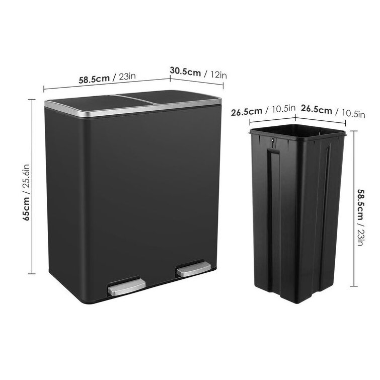 48L 60L Large Stainless Steel Dual Compartment Pedal Bin Trash Bin Garbage Bin