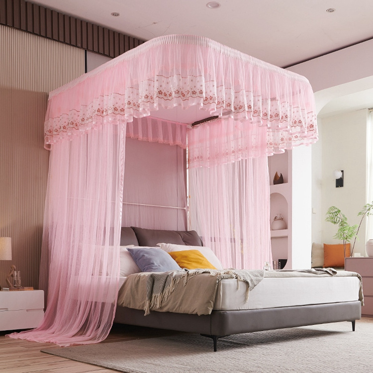 New design luxury girls lace princess large space queen size bed square mosquito net for bed