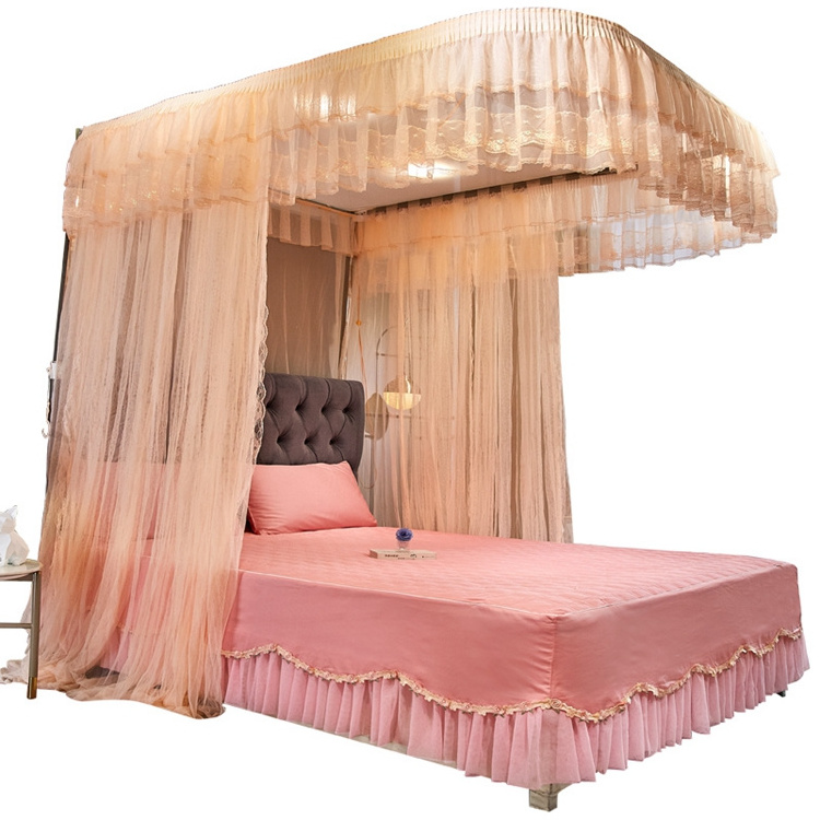 U-shape Lace Design Square Three Doors Light Stands Adult Mosquito Net Polyester Customize Living Room Mosquito Net