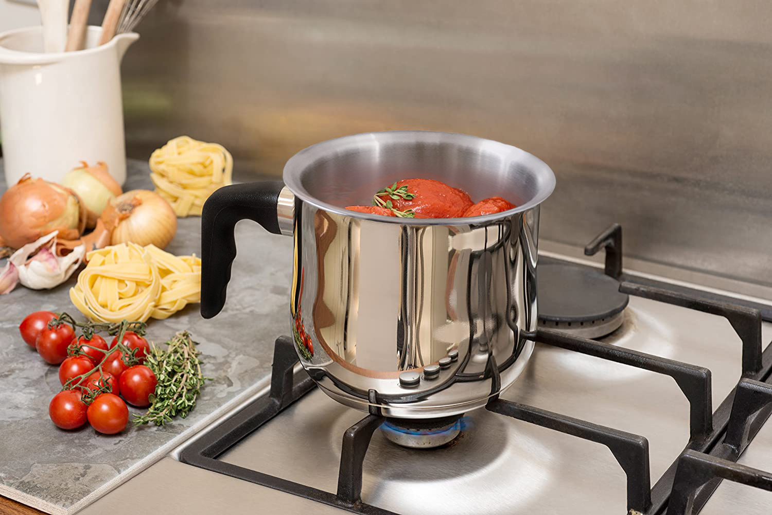 Hollow Design Sauce Pot Double Layer Stainless Steel Whistle Tips Water Boiling Milk Pot With Handle Boiling Pot