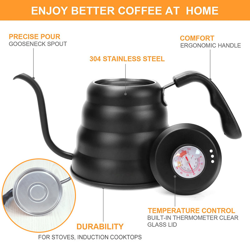 Stainless Steel Gooseneck Coffee Kettle With Thermometer Pour Over Tea Coffee Kettle