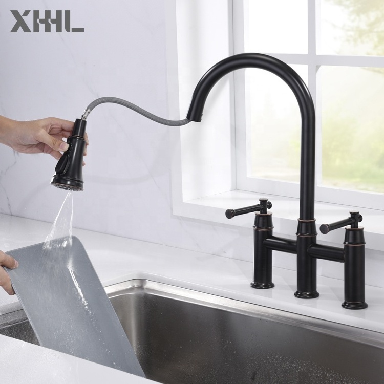 Industrial Transitional Bridge Kitchen Faucet with Pull Down Sprayhead