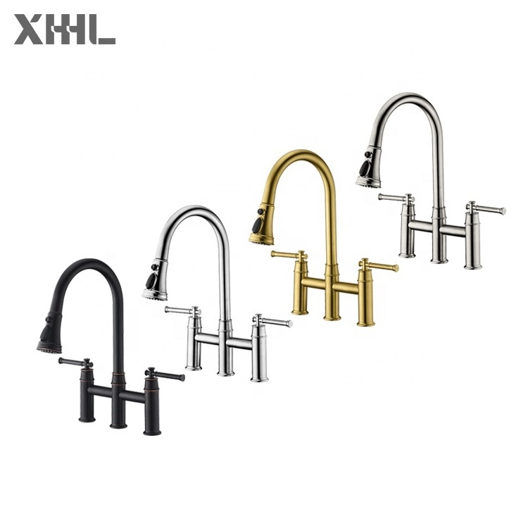 Industrial Transitional Bridge Kitchen Faucet with Pull Down Sprayhead