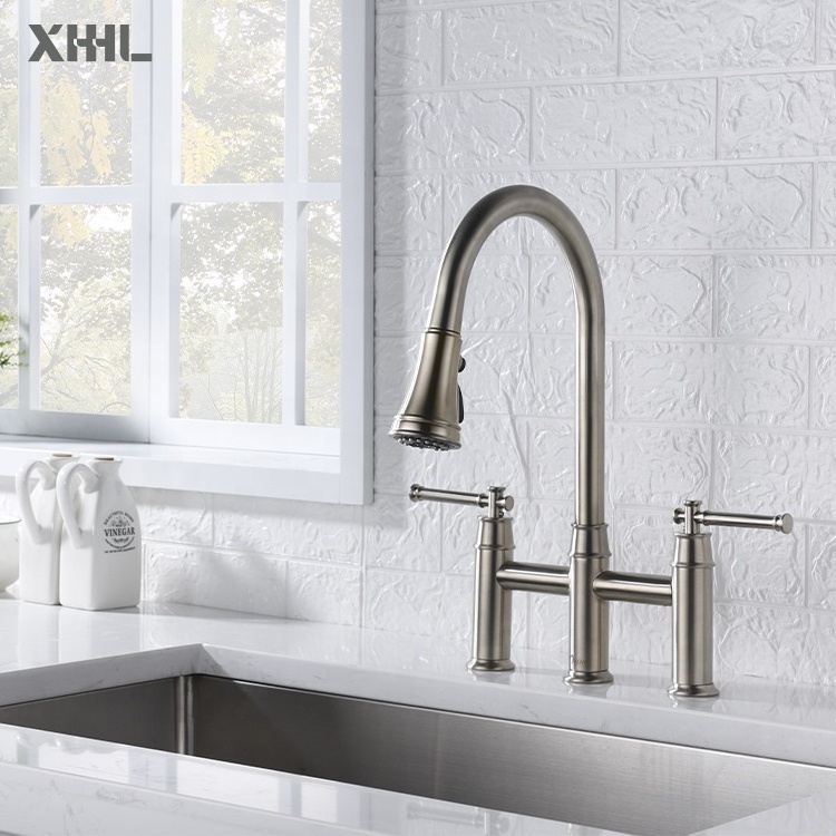 Industrial Transitional Bridge Kitchen Faucet with Pull Down Sprayhead