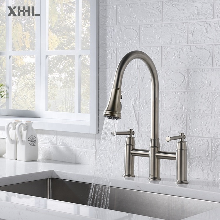 New Design Brass Nickle Brass Bridge Faucet Two Handle 3 Hole Kitchen Faucet