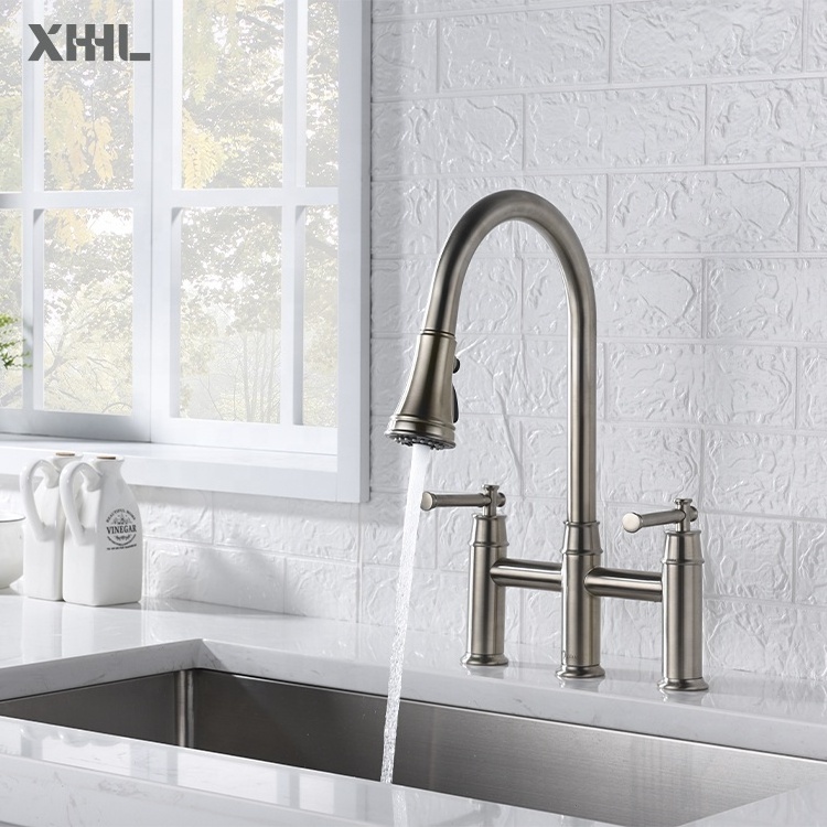 New Design Brass Nickle Brass Bridge Faucet Two Handle 3 Hole Kitchen Faucet