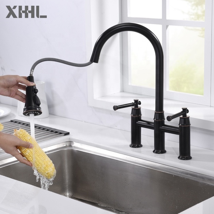 New Design Brass Nickle Brass Bridge Faucet Two Handle 3 Hole Kitchen Faucet