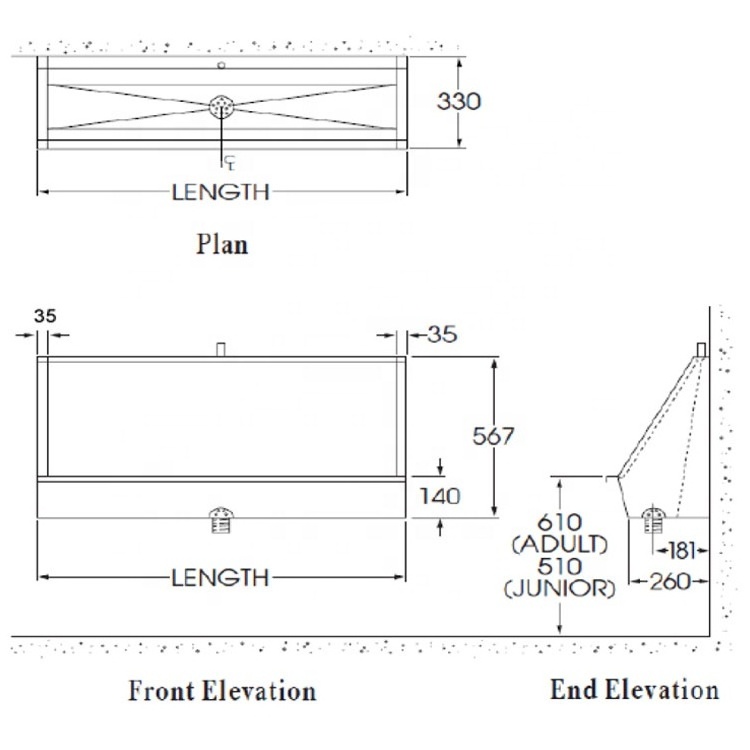 customized wall hung long trough stainless steel male urinal