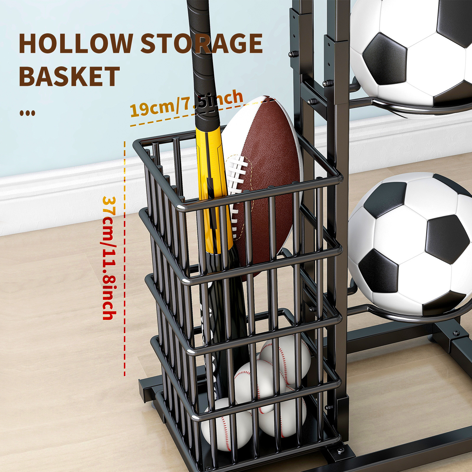 Garage Sports Equipment Organizer Basketball Holder Black Ball Storage Rack with Basket