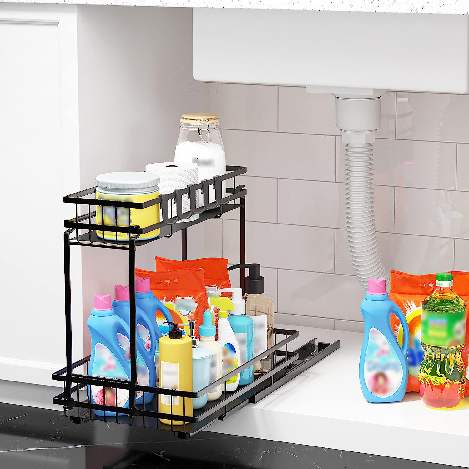 Sliding Design 2 Tier Slide Out Under Sink Shelf Kitchen Bathroom Narrow Space Cabinet Storage Shelf