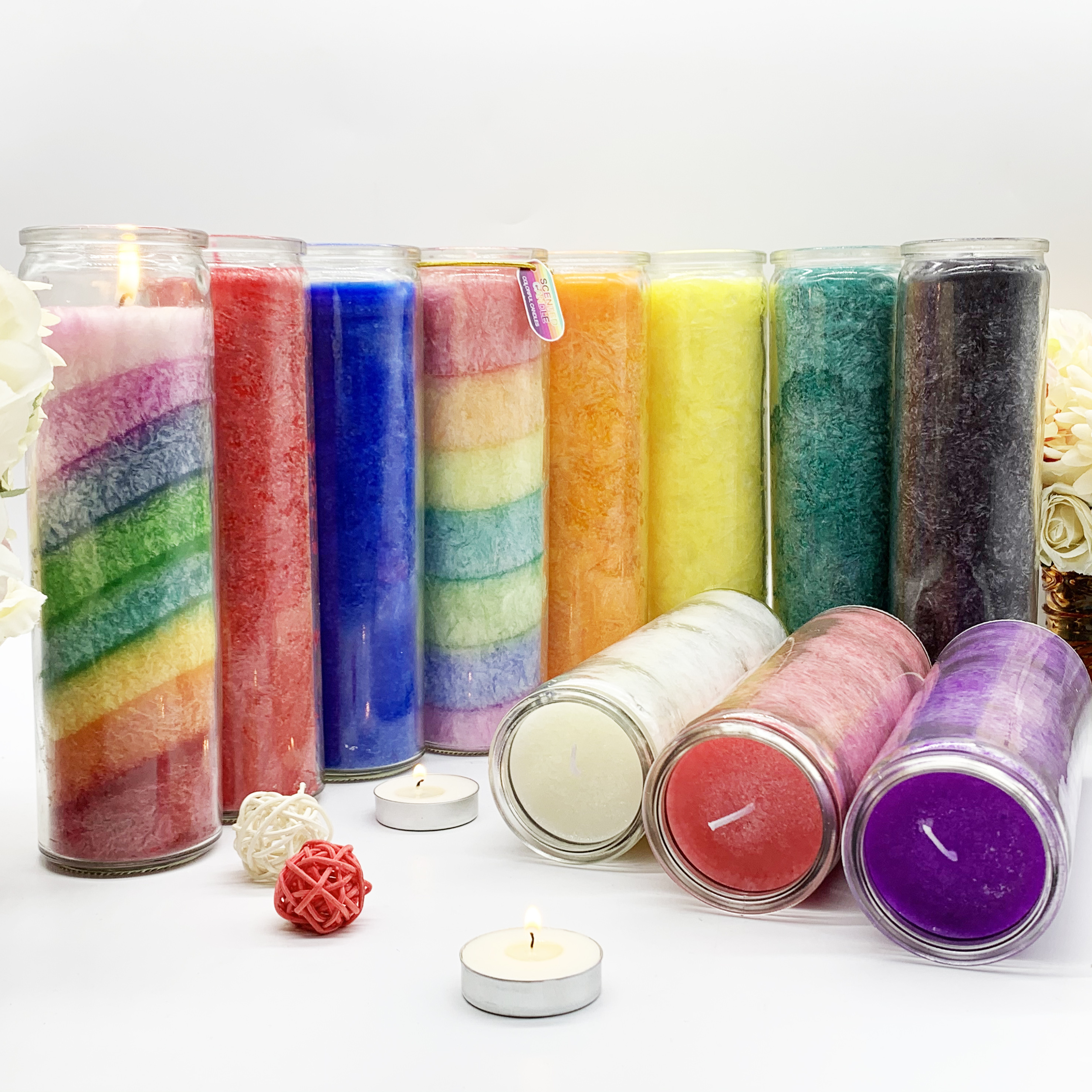 Wholesale Hand Made Cheap Price 7 Days Rainbow Color Religious Candle Scented Chakra Candles Church Votive Candles