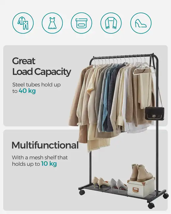 Modern 36 Inch Garment Rack With Wheels And Dense Mesh Storage Shelf Clothes Stands Coat Rack