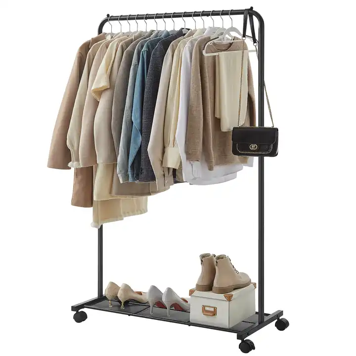 Modern 36 Inch Garment Rack With Wheels And Dense Mesh Storage Shelf Clothes Stands Coat Rack