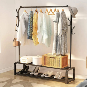 Free-Standing Clothes Rack Top Rod Thicken Garment Rack With Hooks And Double-Layered Undercarriage