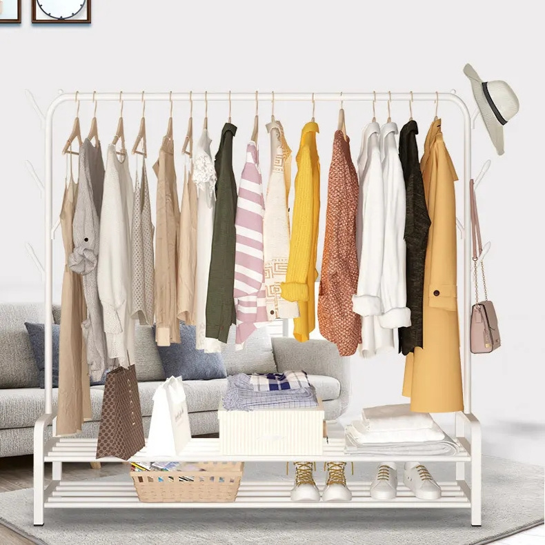 Free-Standing Clothes Rack Top Rod Thicken Garment Rack With Hooks And Double-Layered Undercarriage