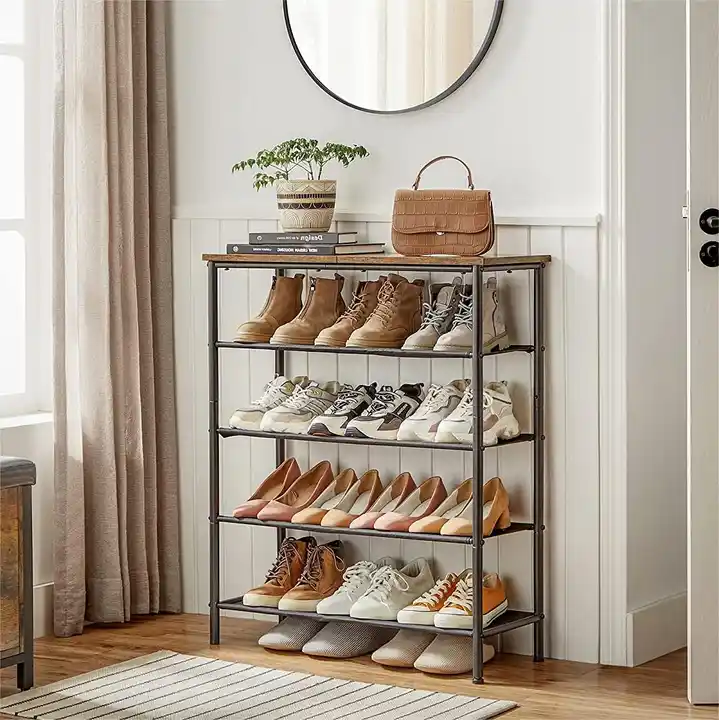 Hot Sale Metal And Wooden Shoe Rack Cabinet 5 Tier Shoe Display Rack Storage Organizer Shoe Racks & Stands For Home