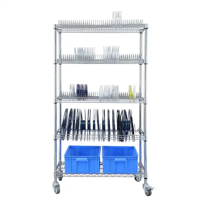 High Quality Reel Shelf 5 Tiers Metal Wire Storage Shelving Rack Trolley Cart