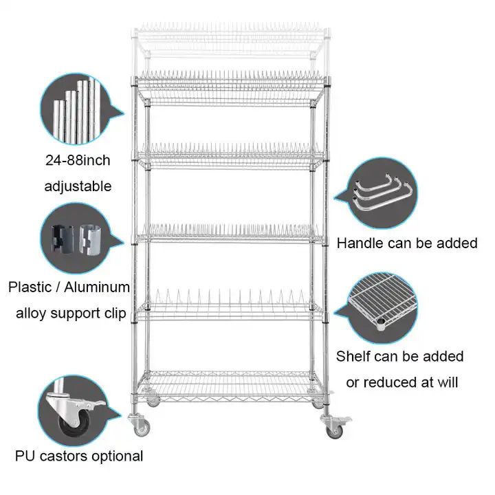 High Quality Reel Shelf 5 Tiers Metal Wire Storage Shelving Rack Trolley Cart