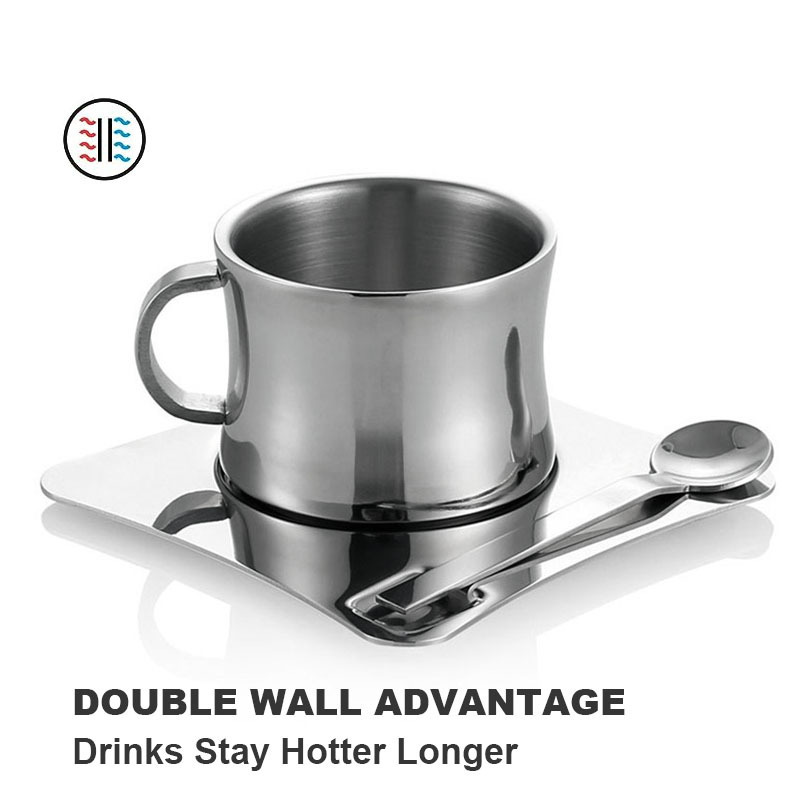 Custom Logo Capacity Double Wall Stainless Steel Insulated Espresso Cappuccino Mug Coffee Cup And Saucer Sets