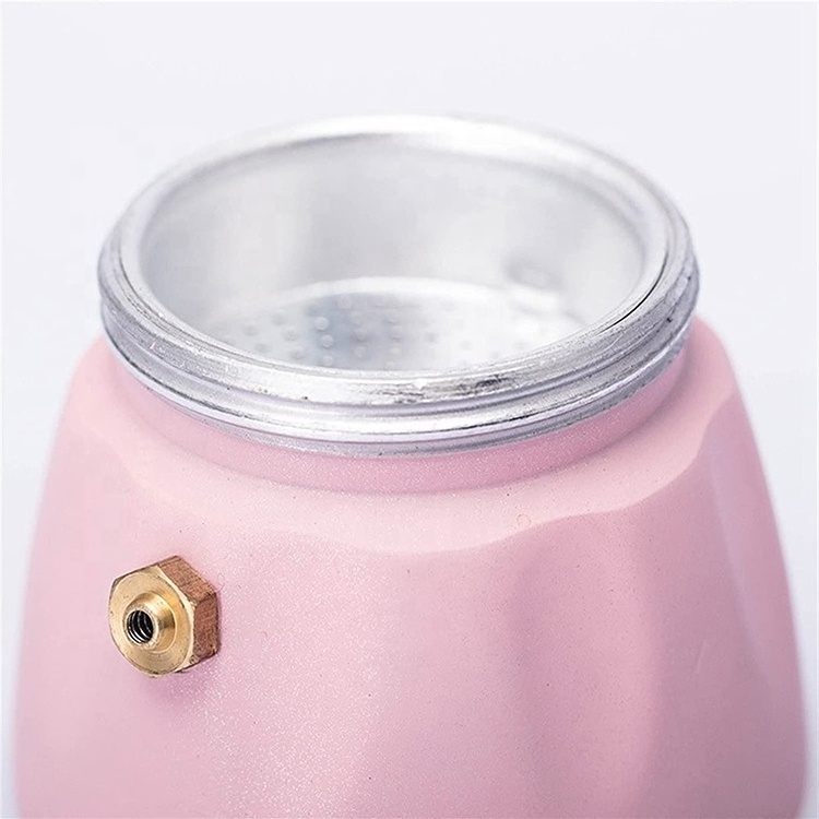 Luxury Top Sale High Quality Portable Mini Pink Moka Pot Aluminum Body Safe Valve Wood Handle Coffee Moka Pot