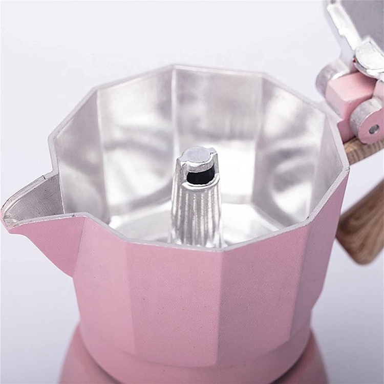 Luxury Top Sale High Quality Portable Mini Pink Moka Pot Aluminum Body Safe Valve Wood Handle Coffee Moka Pot