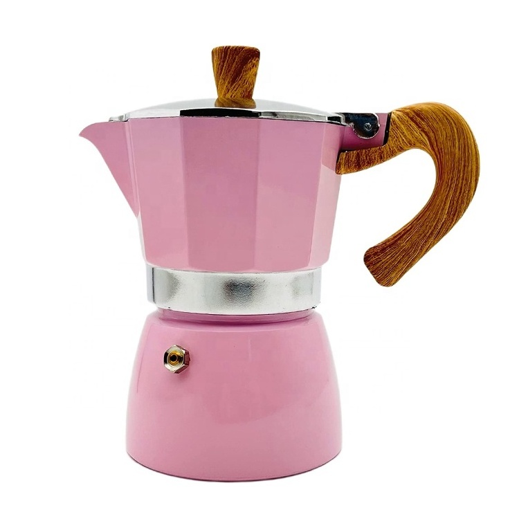 Luxury Top Sale High Quality Portable Mini Pink Moka Pot Aluminum Body Safe Valve Wood Handle Coffee Moka Pot