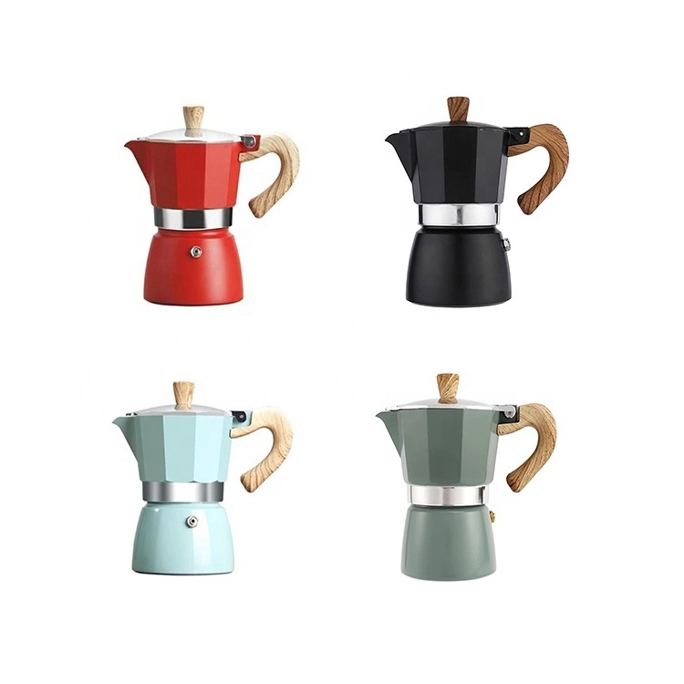 Luxury Top Sale High Quality Portable Mini Pink Moka Pot Aluminum Body Safe Valve Wood Handle Coffee Moka Pot