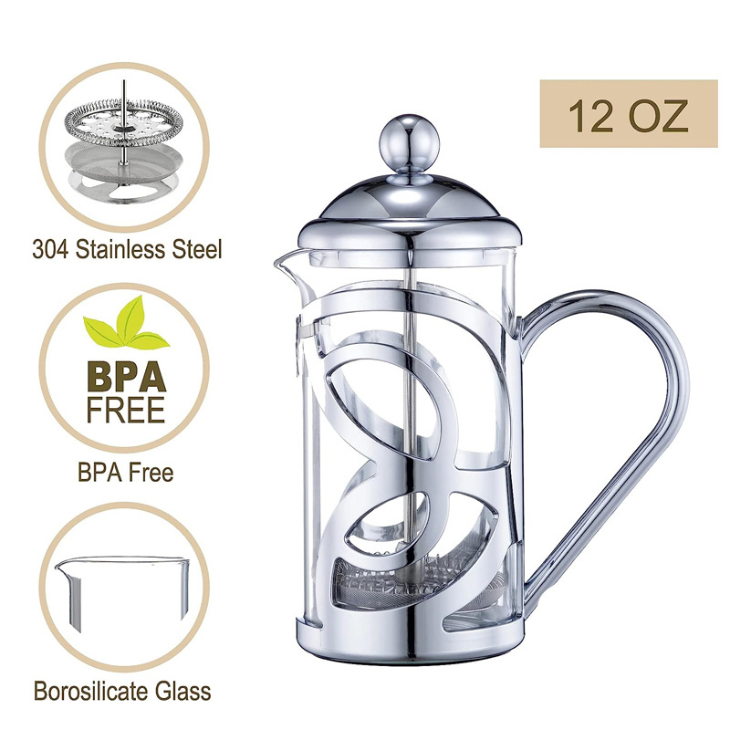 Camping New Portable 350ml  Plating Silver Mini Plastic Tea Presses Borosilicate Glass French Press Coffee Maker