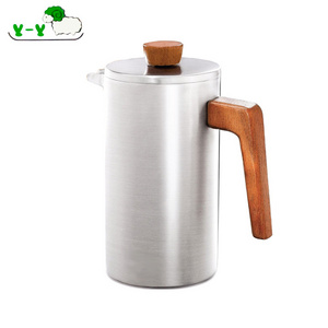 Factory Custom Double Walled Insulated Stainless Steel Oak Wood Handle French Press Coffee Maker