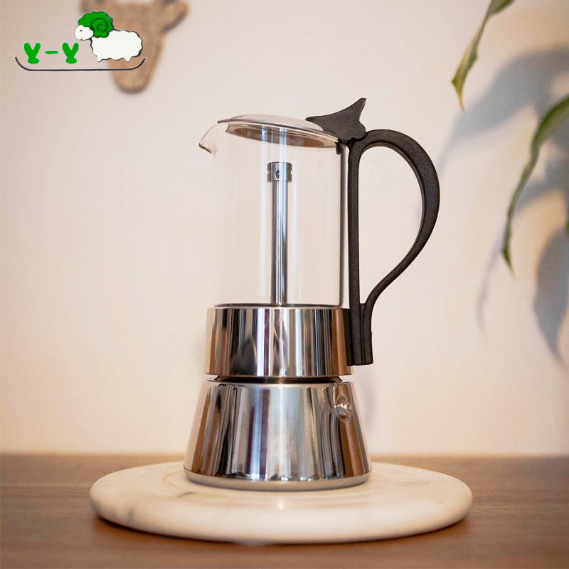 Custom 304 Stainless Steel Induction Borosilicate glass Coffee Maker Mocha Percolator Moka Pot